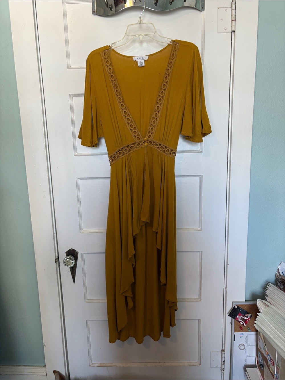 L.I.F.E. Love is for Eternity Mustard Crochet-Trim High-Low Dress Size M